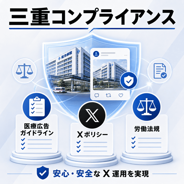 医療広告ガイドライン、Xポリシー、労働法規を守りながら総合病院のX運用を行う図解