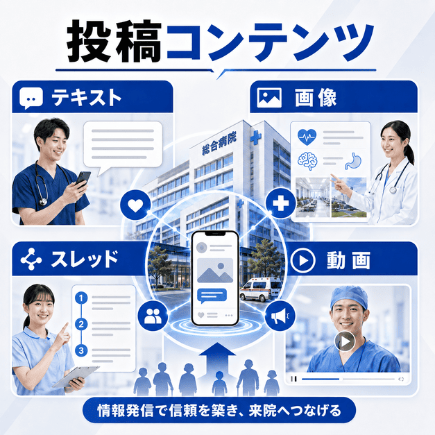 総合病院のX投稿でテキスト、画像、スレッド、動画を使い分けて情報発信するイメージ