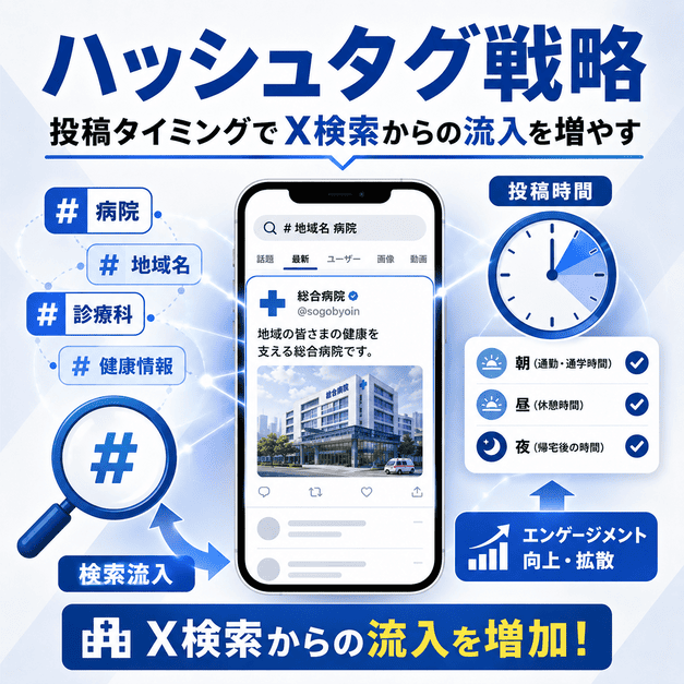 総合病院のX運用でハッシュタグと投稿時間を設計し検索流入を増やす図解