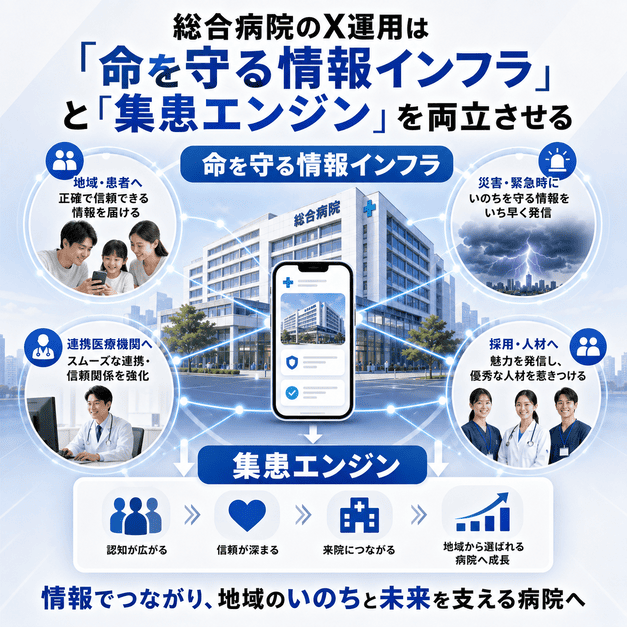 総合病院のX運用が命を守る情報インフラと集患エンジンを両立させるまとめ図解