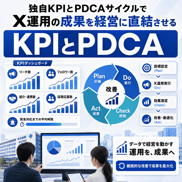 総合病院のX運用成果をKPIダッシュボードとPDCAサイクルで改善するイメージ