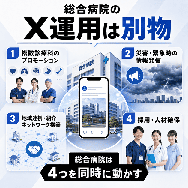 総合病院のX運用が診療科PR、災害発信、地域連携、採用を同時に担うことを示す図解