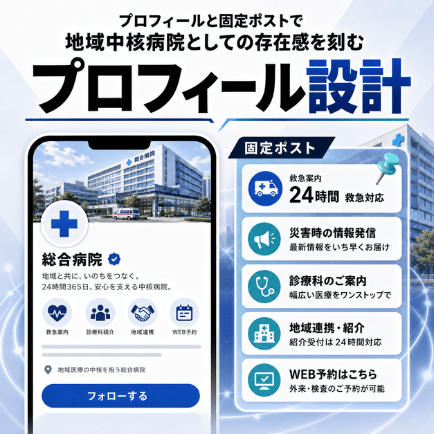 総合病院のXプロフィールと固定ポストで救急案内や地域連携情報を整理しているイメージ