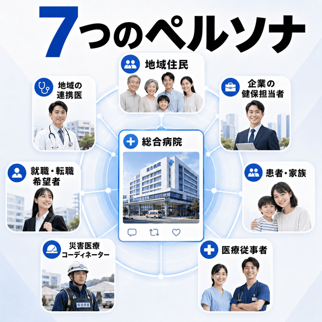 総合病院のX運用で地域住民、連携医、患者家族、採用候補者など7つのペルソナへ発信する図解