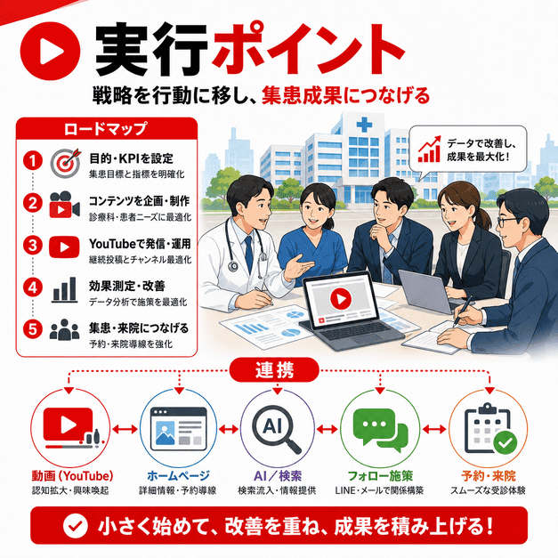 総合病院のYouTube集患戦略をロードマップに沿って実行し、動画、ホームページ、AI検索、予約導線を連携させる様子