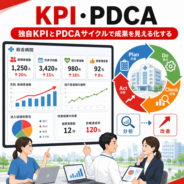 総合病院のYouTube運用成果を独自KPIとPDCAサイクルで分析・改善するダッシュボードのイメージ