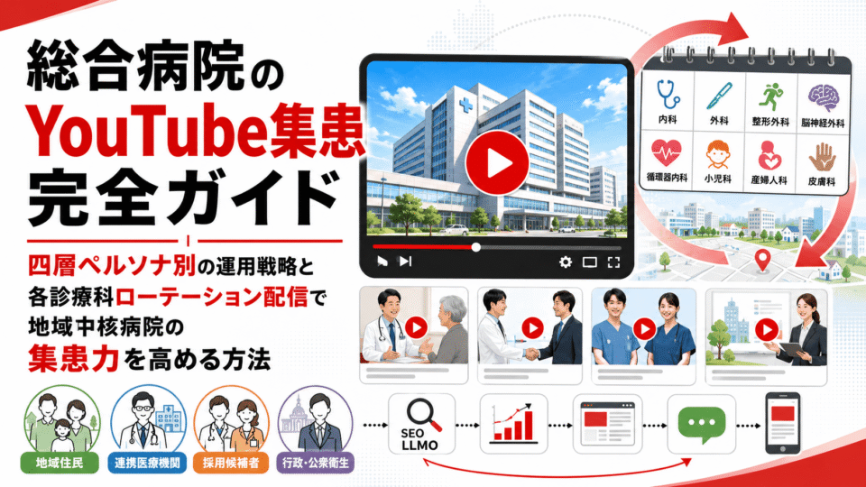 総合病院のYouTube集患戦略を、四層ペルソナや診療科ローテーション配信、SEO・LLMO対策とともに示したメインビジュアル