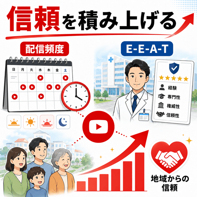 投稿頻度、配信タイミング、E-E-A-T訴求を通じて地域からの信頼を積み上げる総合病院の運用イメージ