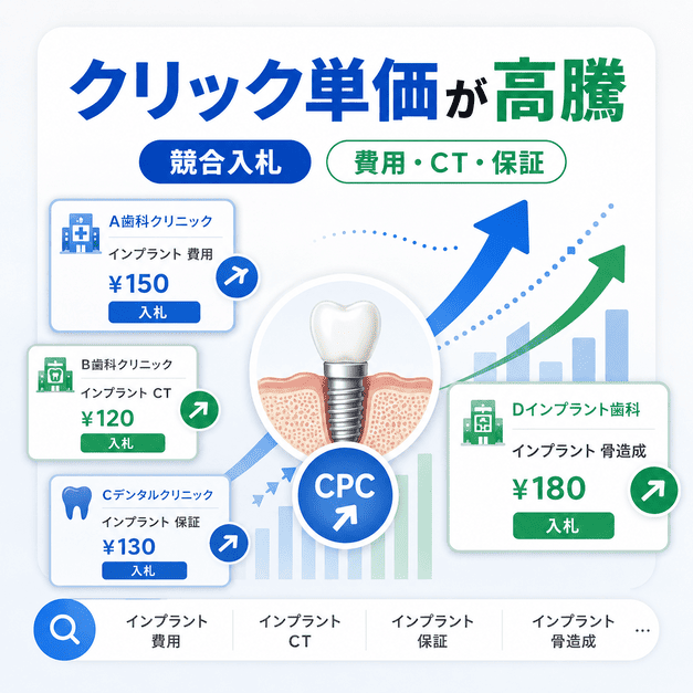 インプラント広告で費用・CT・保証などの検索キーワードに競合入札が集中しクリック単価が高騰する様子