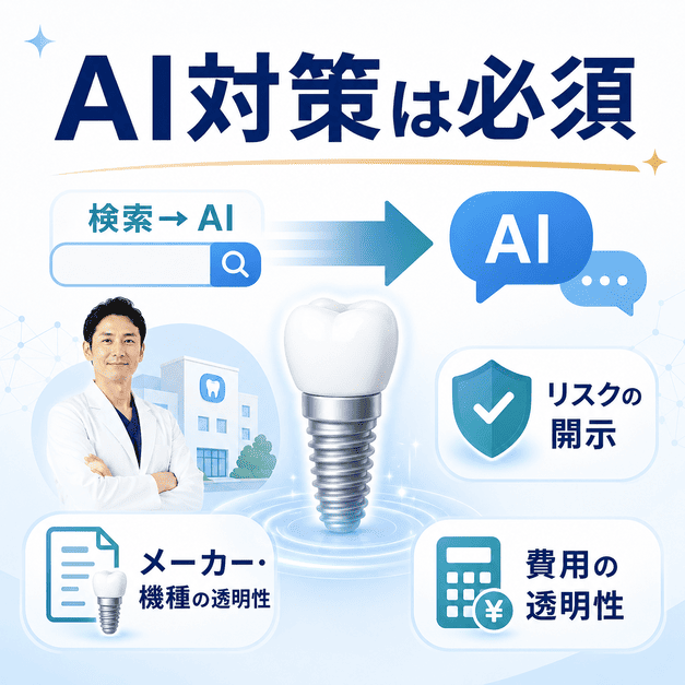 Google検索からAI相談へ移行する患者行動と、インプラント専門歯科にAI対策が必要な理由を示した図