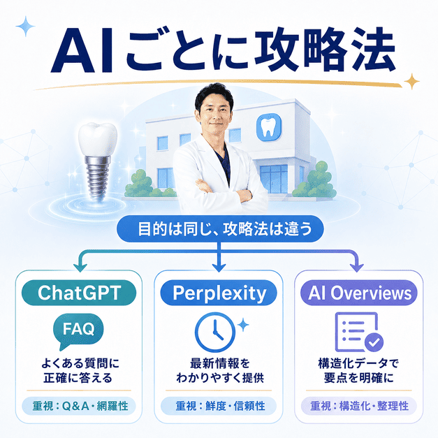 ChatGPT・Perplexity・AI Overviewsごとに異なるAI対策の考え方を比較した図