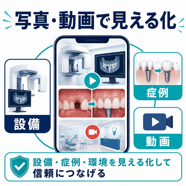 インプラント専門歯科の設備・症例・動画をGoogleビジネスプロフィールで見える化する方法を示した図解