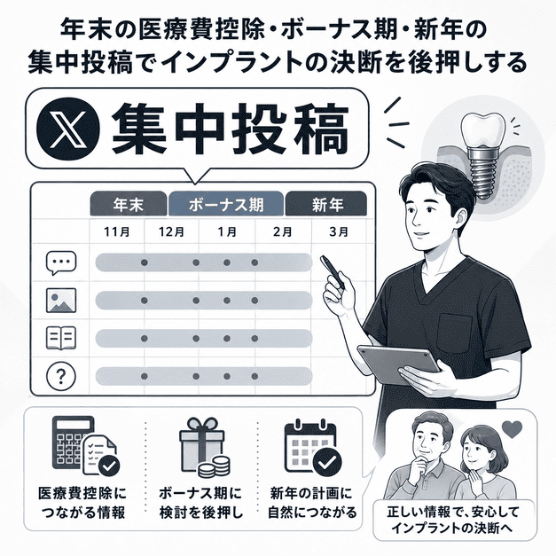 年末、ボーナス期、新年に合わせてインプラント治療の検討を後押しする集中投稿カレンダー