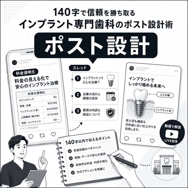 インプラント専門歯科が料金透明化やスレッド解説を活用して信頼されるX投稿を設計する様子