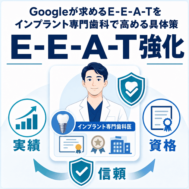 インプラント専門歯科のE-E-A-Tを高めるために、実績・資格・信頼を院長プロフィールや専門性と結び付けて示した図
