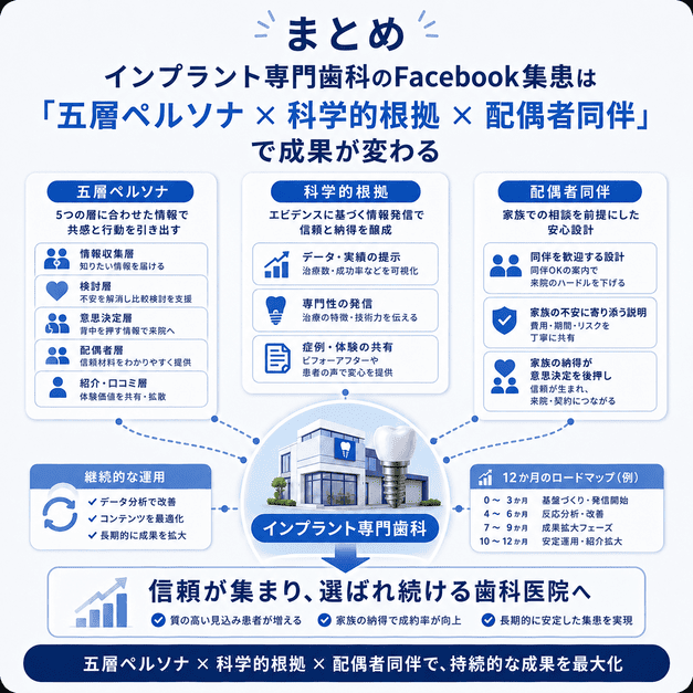 五層ペルソナ・科学的根拠・配偶者同伴を軸に、インプラント専門歯科のFacebook集患成果をまとめた図解