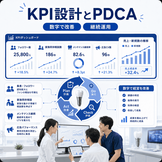 インプラント専門歯科のKPIダッシュボードとPDCAサイクルで集患成果を改善する流れを示した図解