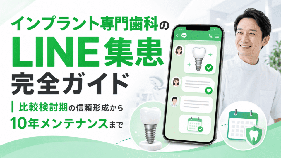 インプラント専門歯科のLINE集患をテーマに、スマートフォンのLINE画面、歯科医師、インプラント、10年メンテナンスを表現したアイキャッチ画像