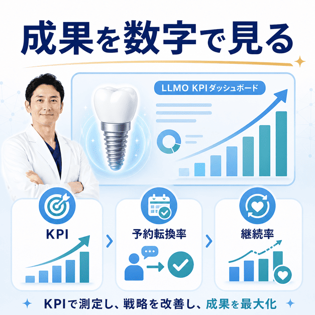 LLMO施策の成果をKPI、予約転換率、メンテナンス継続率で測定する流れを示した図