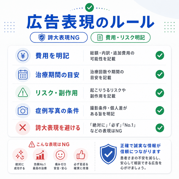 インプラント広告で費用・治療期間・リスク・副作用を明記し誇大表現を避ける医療広告ルールのチェックリスト