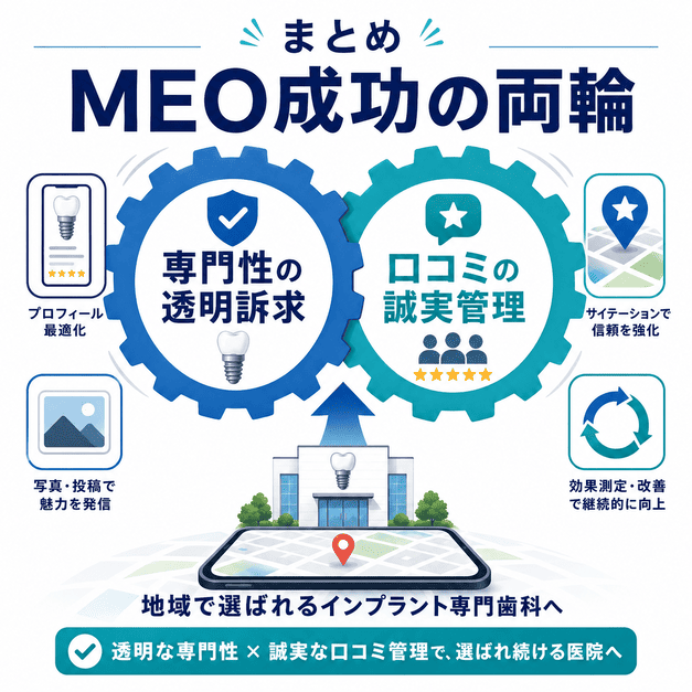 インプラント専門歯科のMEO成功には専門性の透明訴求と口コミの誠実管理が両輪になることをまとめた図解