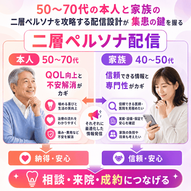 50〜70代の本人と40〜50代の家族に分けて、インプラント歯科の配信設計を示したイラスト
