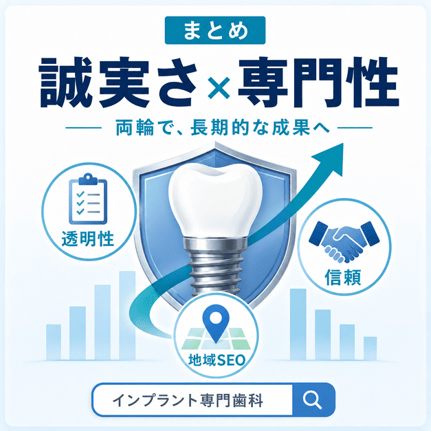 インプラント専門歯科のSEO対策は、誠実さと専門性を軸に透明性・信頼・地域SEOを高めることが重要だと示したまとめ図