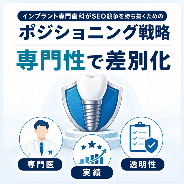 インプラント専門歯科がSEO競争で差別化するために、専門医・実績・透明性を打ち出すポジショニング戦略を示した図