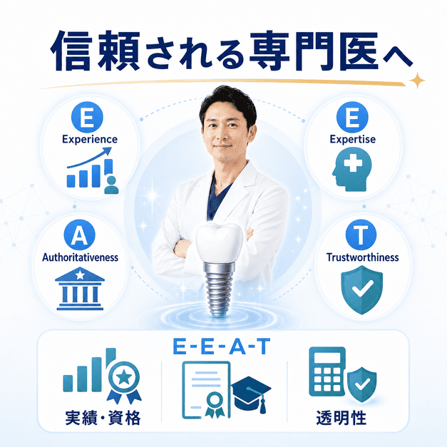 E-E-A-Tを通じてAIに信頼できるインプラント専門医として認識される流れを示した図