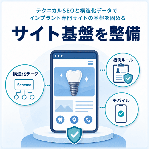インプラント専門サイトの基盤整備として、構造化データ・症例掲載ルール・モバイル対応を示したテクニカルSEOの図
