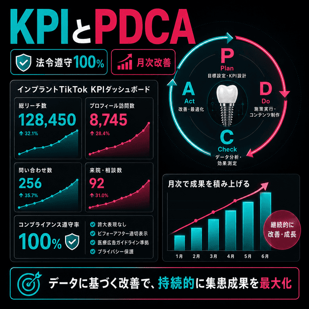 インプラント専門TikTokのKPI管理とPDCAサイクルを、法令遵守率や月次改善のダッシュボードで示したイラスト