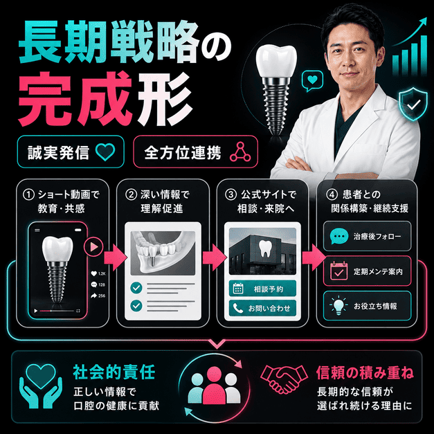インプラント専門歯科のTikTok集患を、誠実発信・社会的責任・全方位連携による長期戦略として示したイラスト