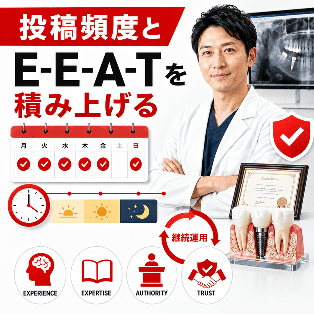 投稿頻度や配信タイミングを管理しながら、インプラント専門医のE-E-A-Tを積み上げる様子を表したイラスト