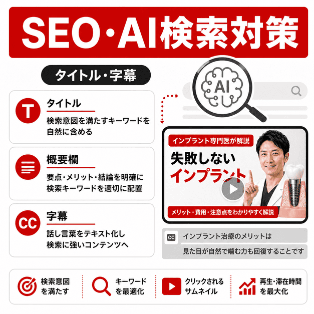 インプラント専門歯科の動画でタイトル・概要欄・字幕・サムネイルを活用しSEOとAI検索に対応するイラスト