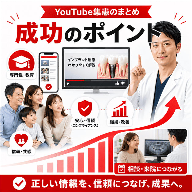 インプラント専門歯科のYouTube集患で、専門性・信頼・継続改善を成果につなげるポイントをまとめたイラスト