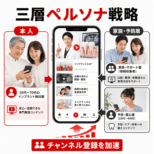 本人・家族・予防層の三層ペルソナに向けたインプラント動画配信戦略を示したイラスト