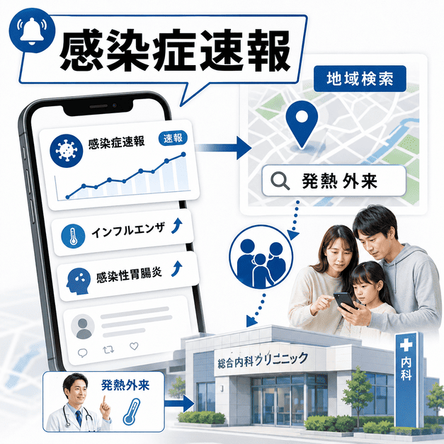 スマートフォンの感染症速報と地域検索から発熱外来や総合内科クリニックへの受診につながる流れを示したイラスト