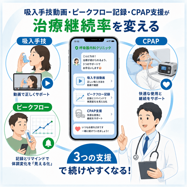 LINEによる吸入手技動画、ピークフロー記録、CPAP支援が治療継続を支える様子を示したイラスト