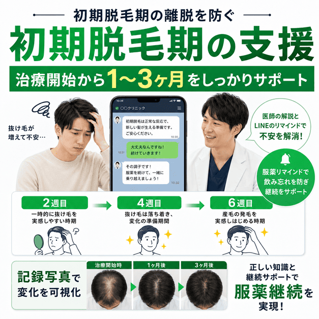 AGA治療開始1〜3ヶ月の初期脱毛期にLINE配信で不安解消と服薬継続を支援する様子を示したイラスト