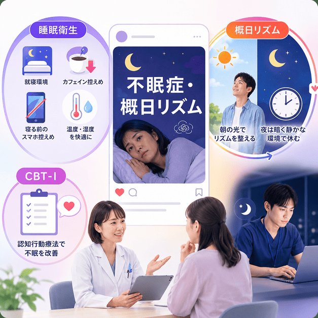 不眠症、睡眠衛生、概日リズム、CBT-Iなど睡眠外来の専門性を伝える投稿設計を表したイラスト
