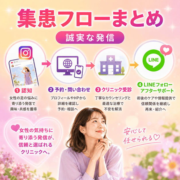 InstagramからWeb確認、クリニック受診、LINEフォローへつながる下肢静脈瘤クリニックの集患フローまとめ
