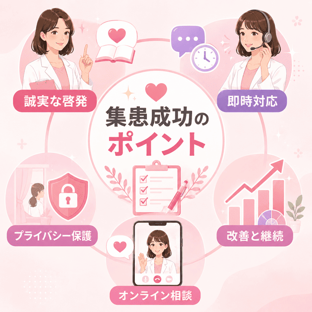 誠実な啓発、即時対応、プライバシー保護、オンライン相談、改善継続を軸にInstagram集患成功のポイントをまとめたイラスト