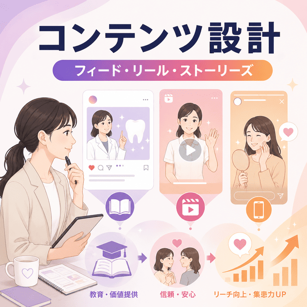 教育系フィード・リール・ストーリーズを組み合わせたInstagramコンテンツ設計のイラスト