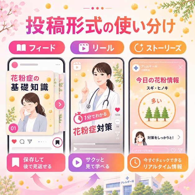 フィード・リール・ストーリーズを使い分けて花粉症情報を届けるInstagram投稿形式のイラスト