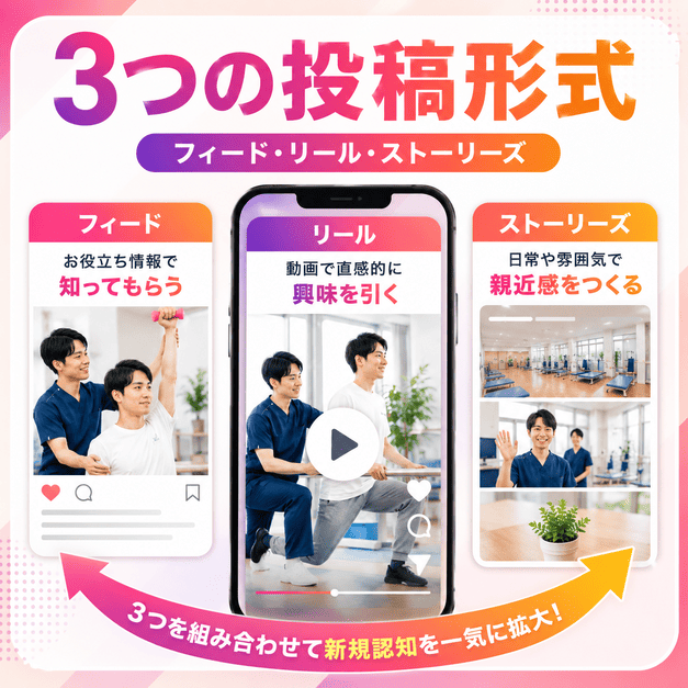 フィード、リール、ストーリーズの3つの投稿形式を使い分けて新規認知を広げる様子を表したイラスト