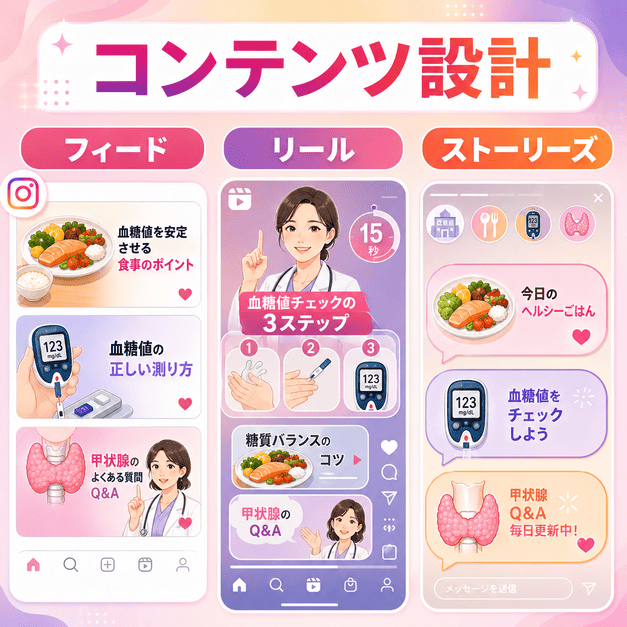 フィード、リール、ストーリーズを使い分けて糖尿病や甲状腺疾患の情報を発信するコンテンツ設計のイラスト