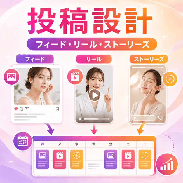 フィード、リール、ストーリーズを投稿カレンダーで組み合わせるInstagramコンテンツ設計のイラスト