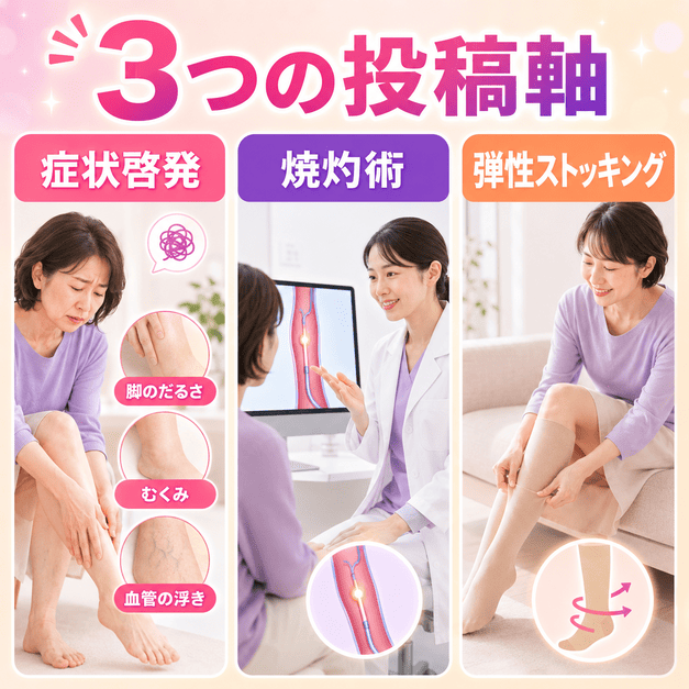 下肢静脈瘤クリニックの投稿テーマとして、症状啓発・血管内焼灼術・弾性ストッキングを示したイメージ