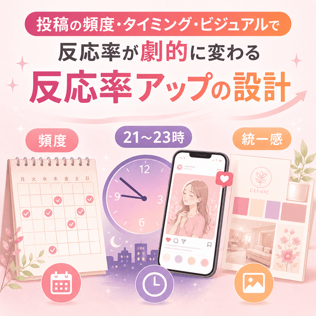 投稿頻度、21〜23時の配信タイミング、統一感のあるビジュアル設計で反応率を高める様子を表したイラスト