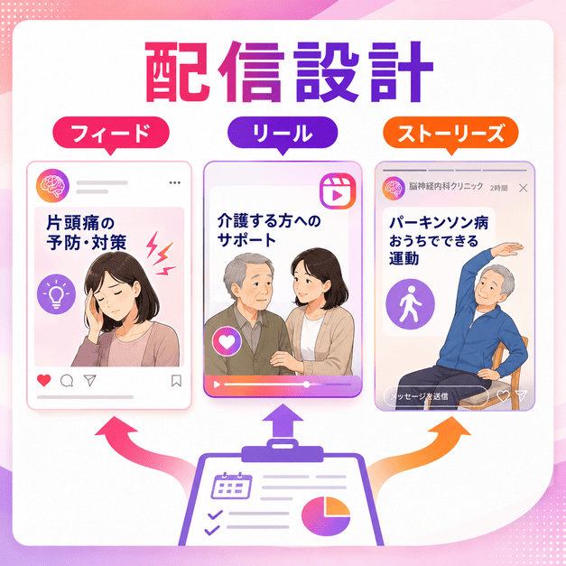 フィード、リール、ストーリーズを使い分けて脳神経内科の情報発信を設計する様子を表したイラスト